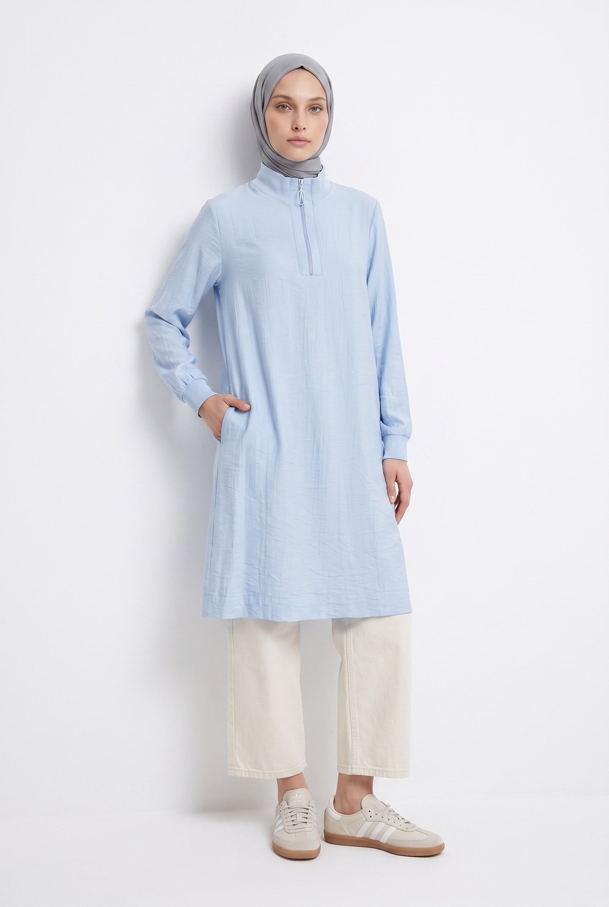 Yarım Fermuarlı Kolları Lastikli Çilek Kumaş Tunik Mavi 26YT462