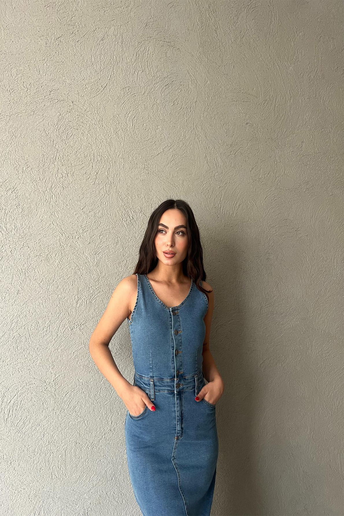 Açık Mavi Önü Düğmeli ve Yırtmaçlı Denim Elbise