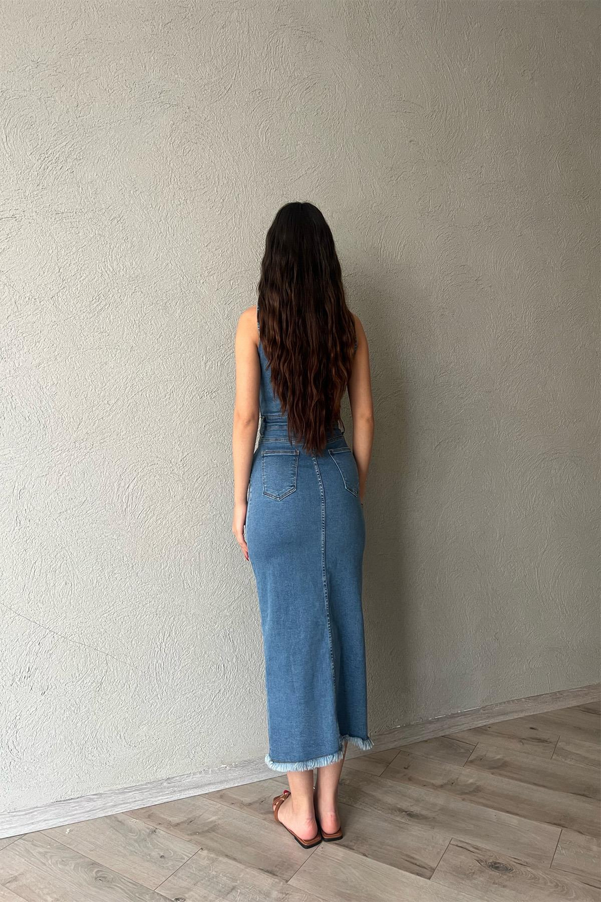 Açık Mavi Önü Düğmeli ve Yırtmaçlı Denim Elbise