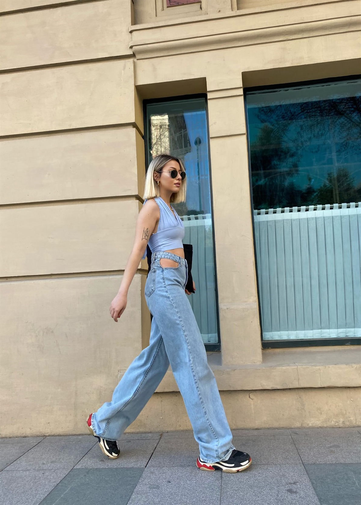 Açık Mavi Süper Yüksek Bel Straight Fit Pencere Detaylı Jean