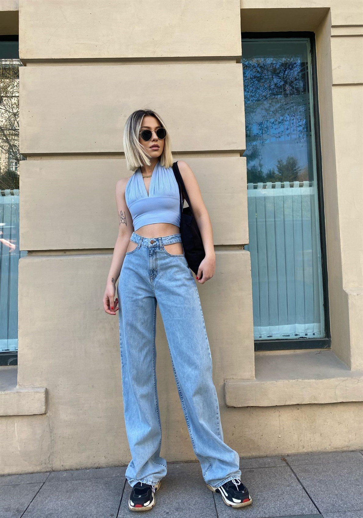 Açık Mavi Süper Yüksek Bel Straight Fit Pencere Detaylı Jean