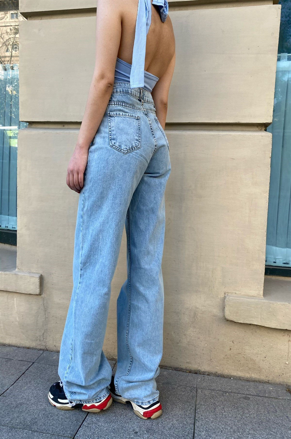 Açık Mavi Süper Yüksek Bel Straight Fit Pencere Detaylı Jean