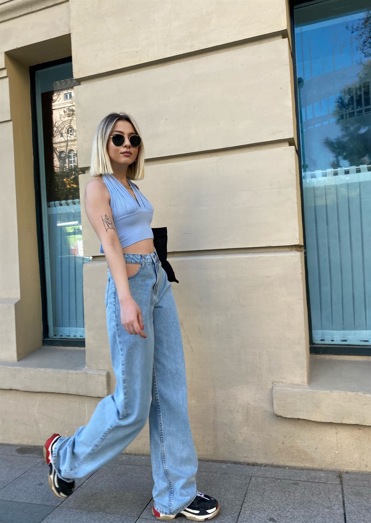 Açık Mavi Süper Yüksek Bel Straight Fit Pencere Detaylı Jean