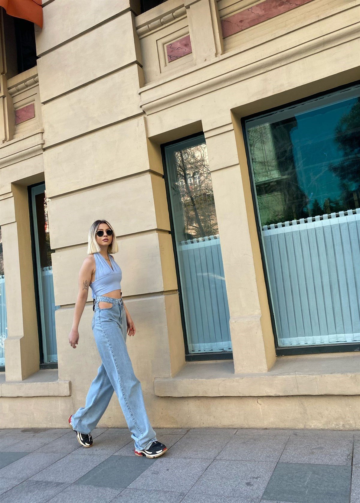 Açık Mavi Süper Yüksek Bel Straight Fit Pencere Detaylı Jean