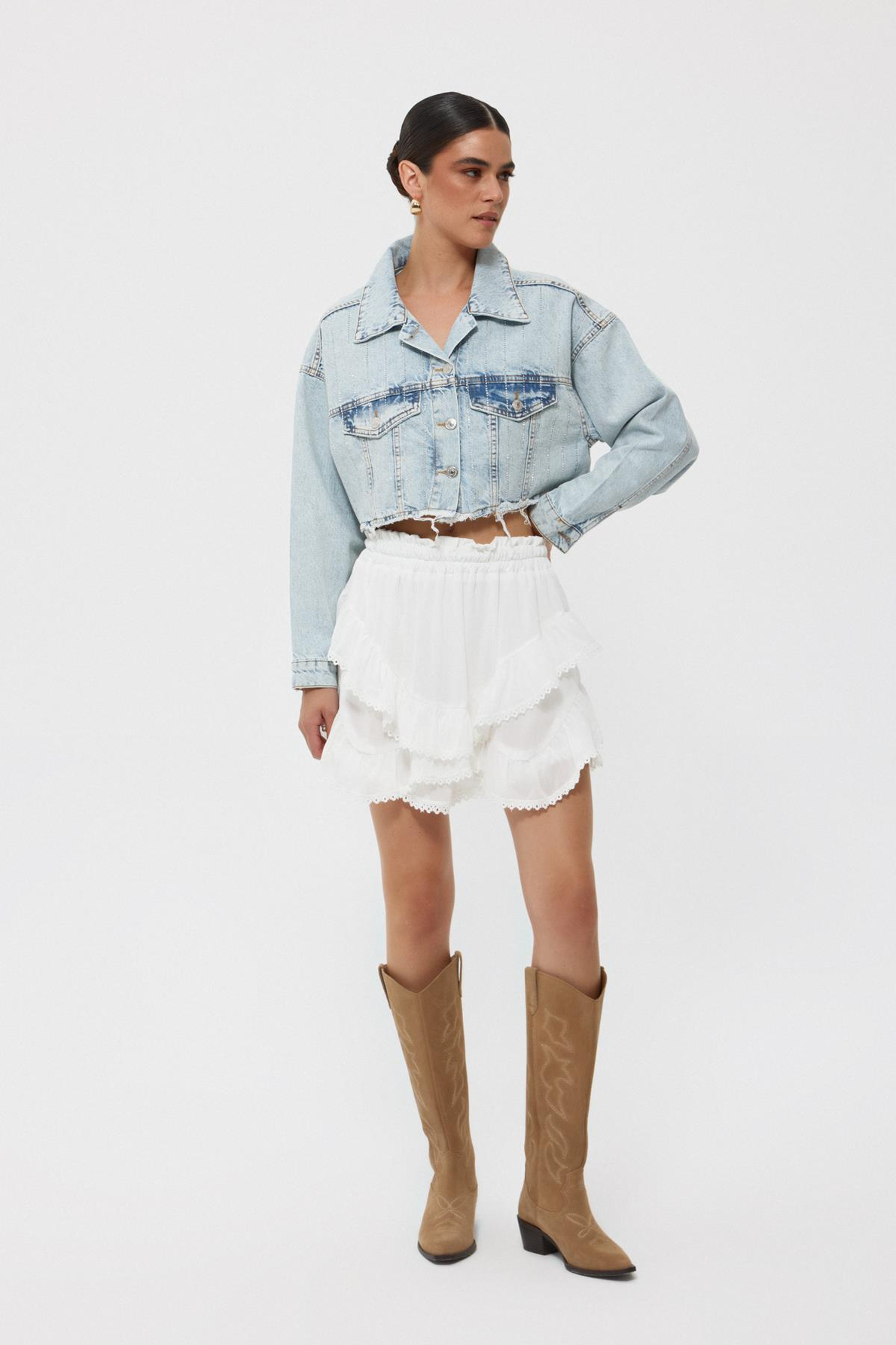 Açık Mavi Taşlı Crop Denim Ceket