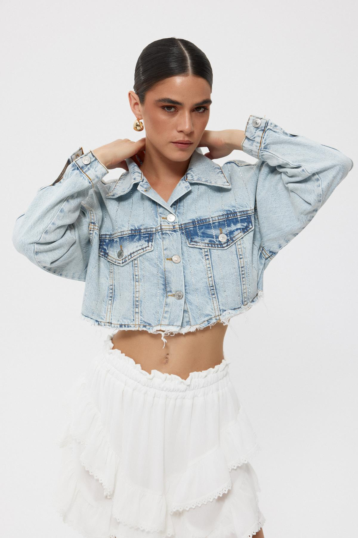 Açık Mavi Taşlı Crop Denim Ceket