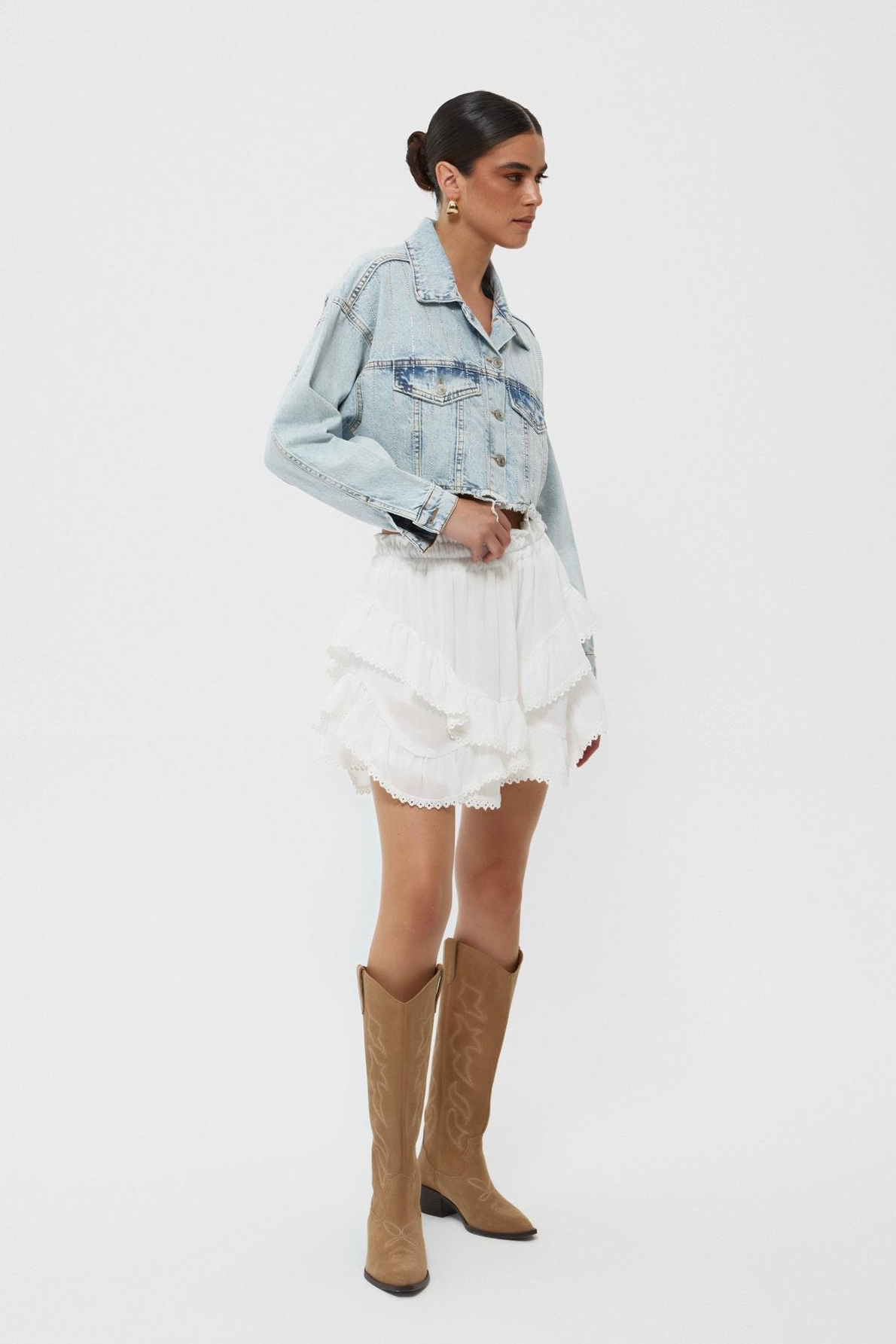 Açık Mavi Taşlı Crop Denim Ceket