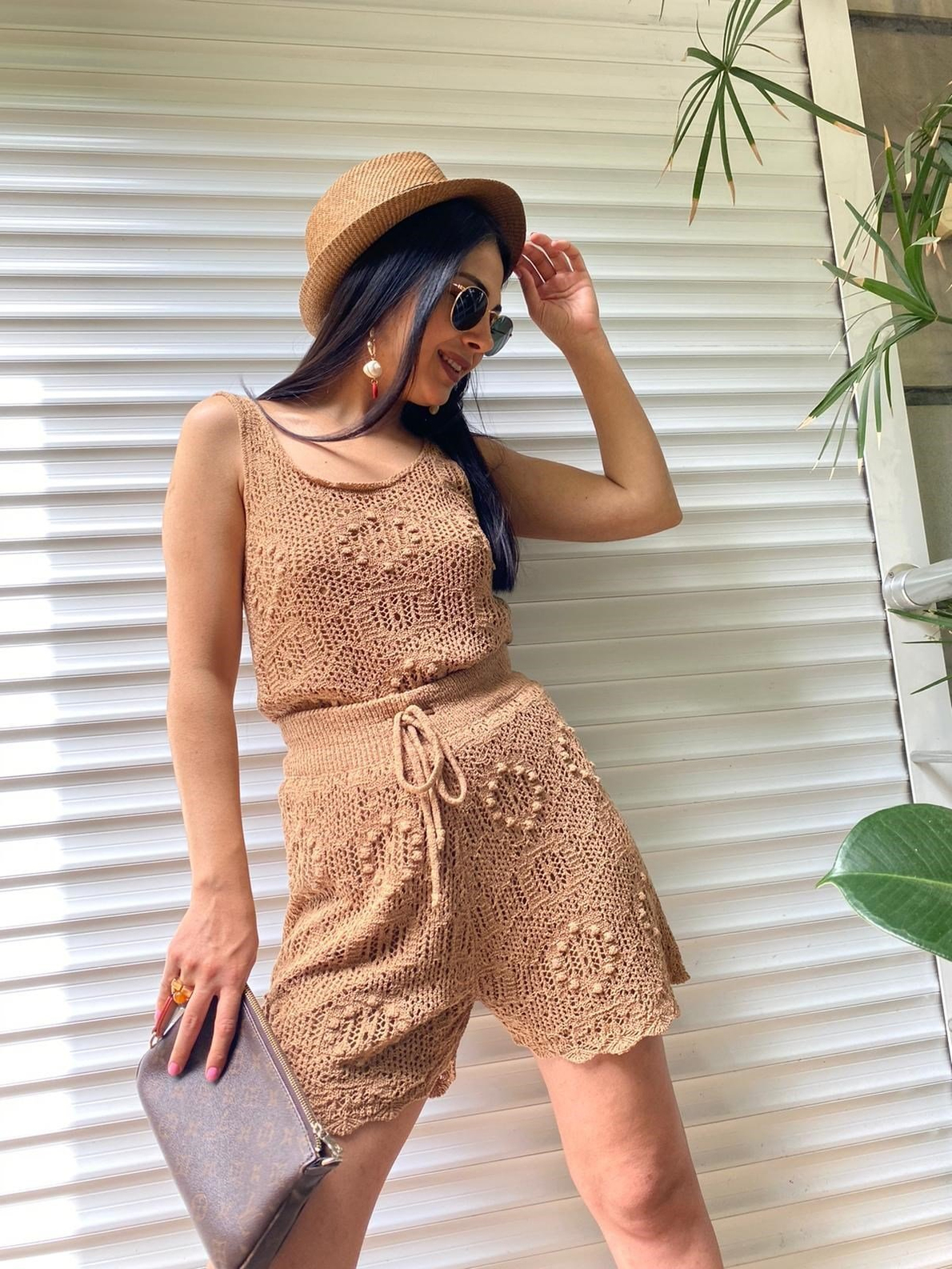 Ajurlu Camel Şort  Bluz Takım