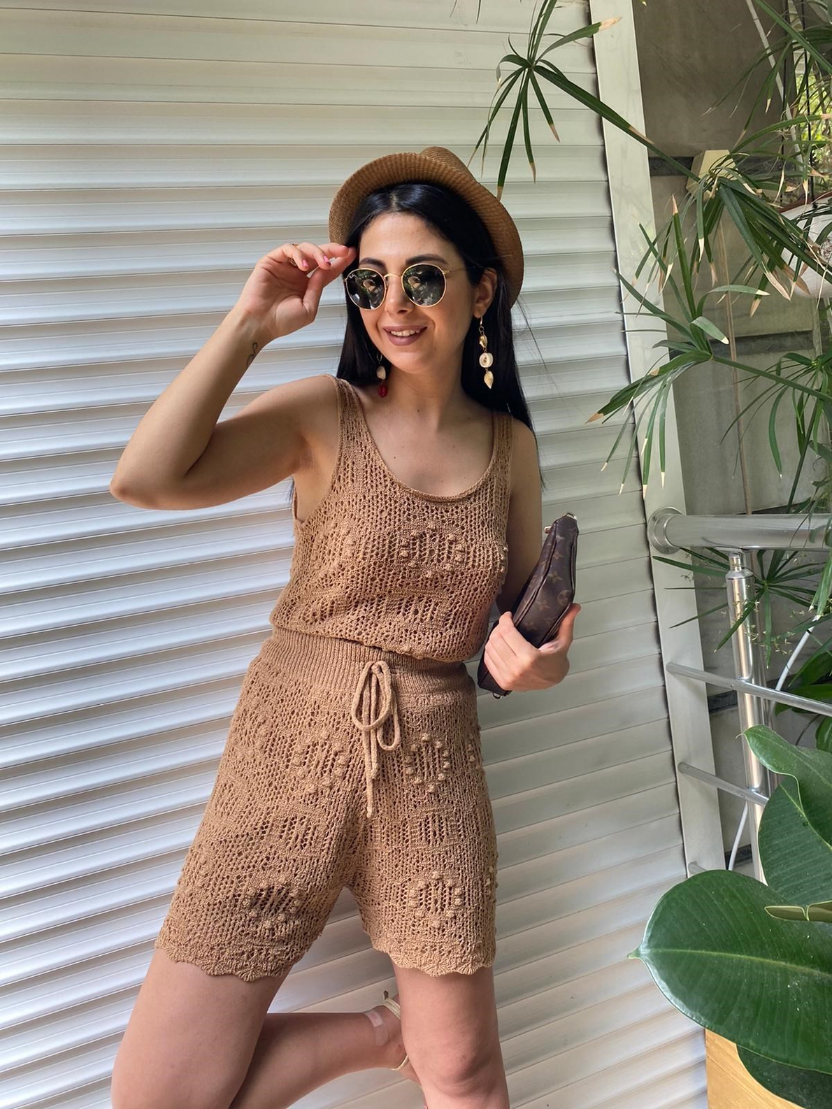 Ajurlu Camel Şort  Bluz Takım