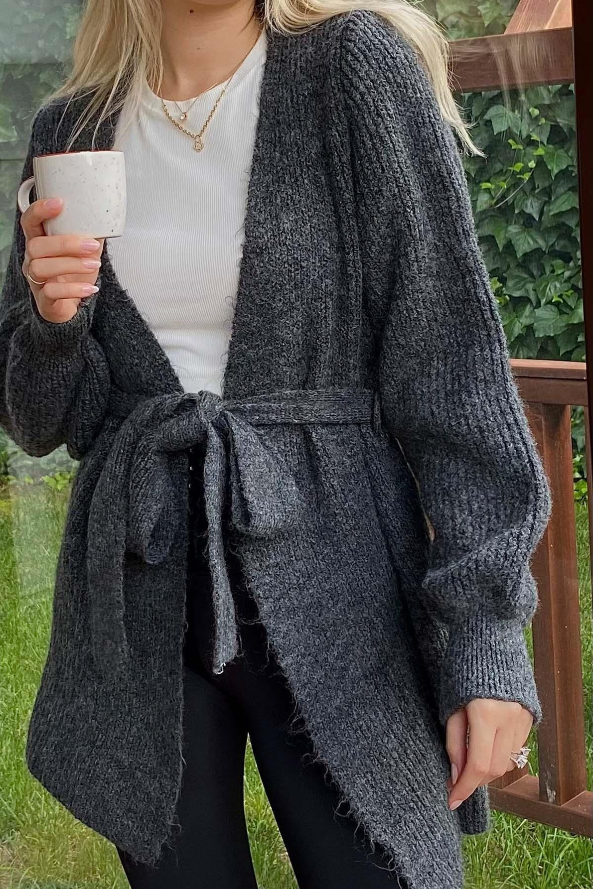 Antrasit Yünlü Kuşaklı Kadın Hırka