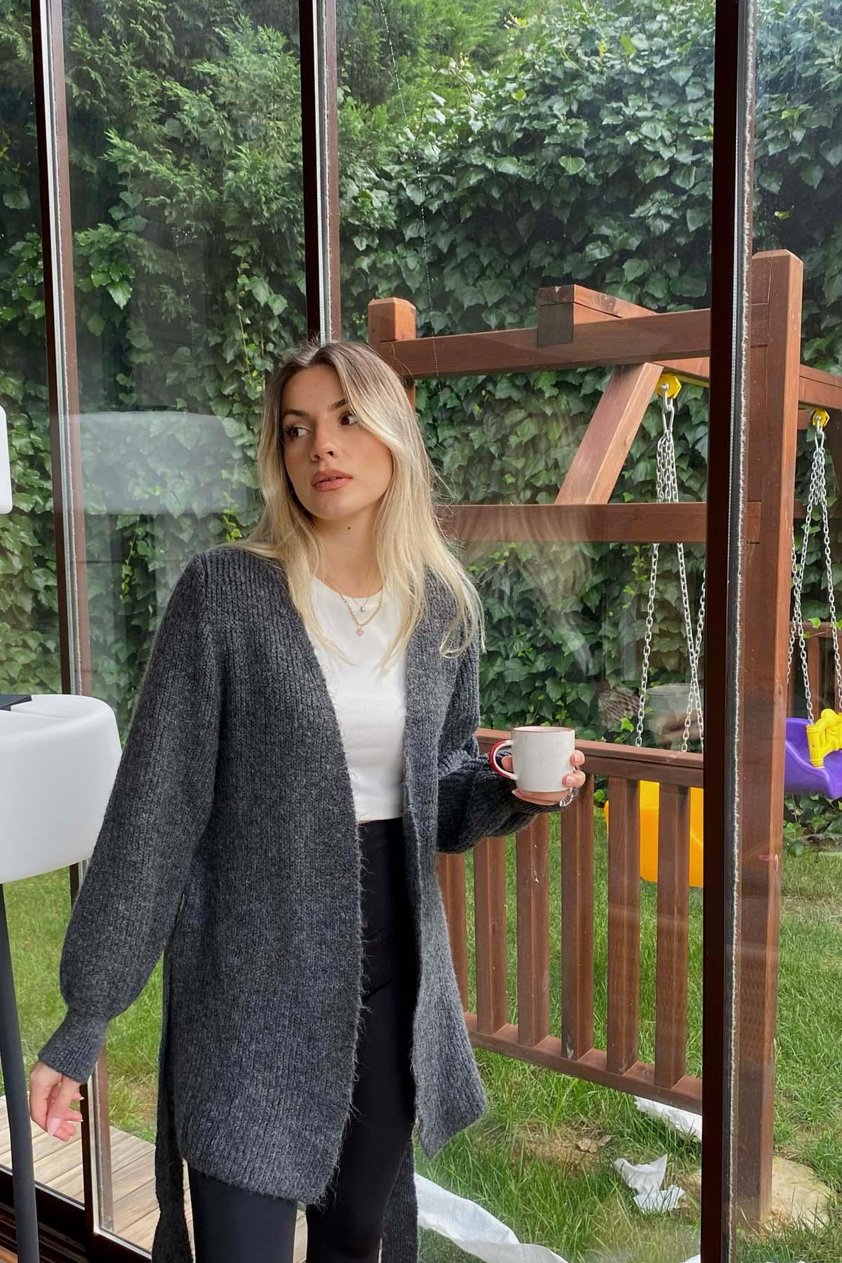 Antrasit Yünlü Kuşaklı Kadın Hırka