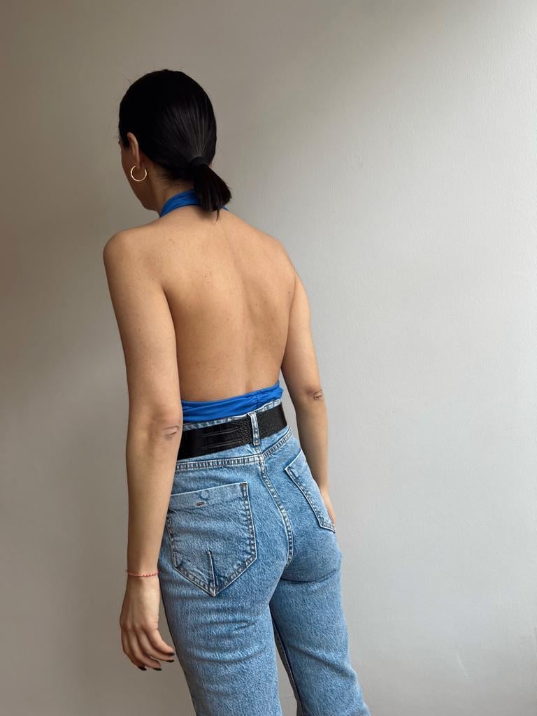 Asimetrik Boyundan Bağlamalı Bluz Saks Mavisi