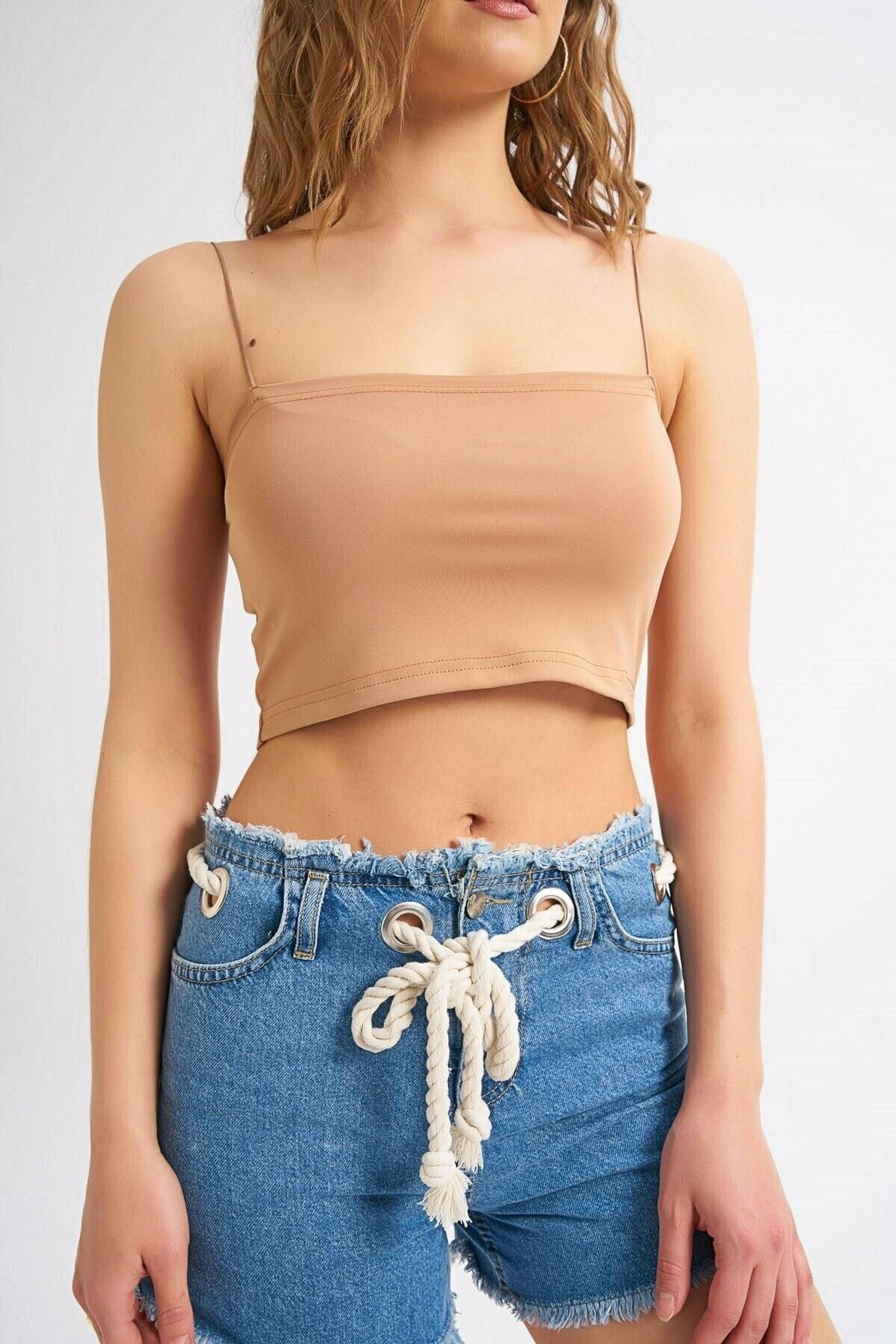 Askılı Crop Bluz Camel
