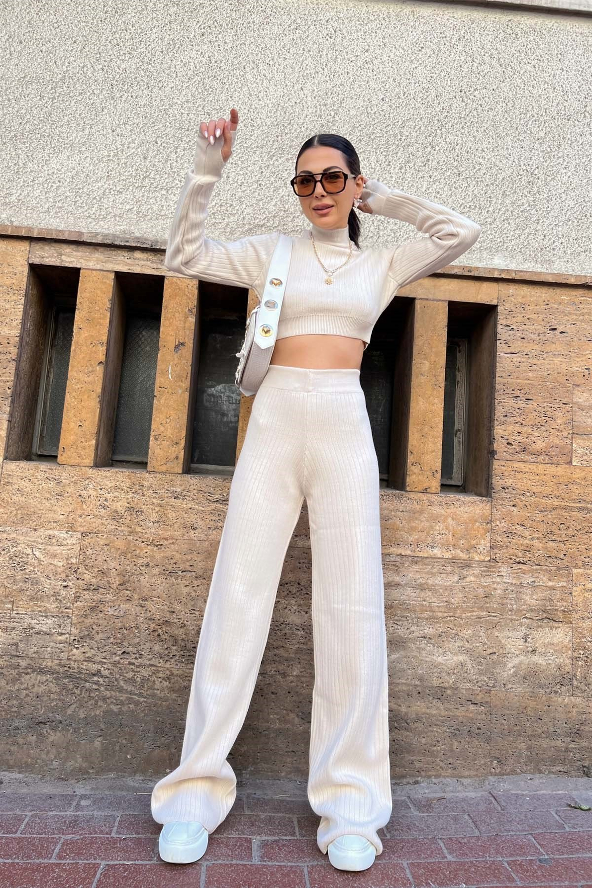 Bej Fitilli Triko Crop Takım