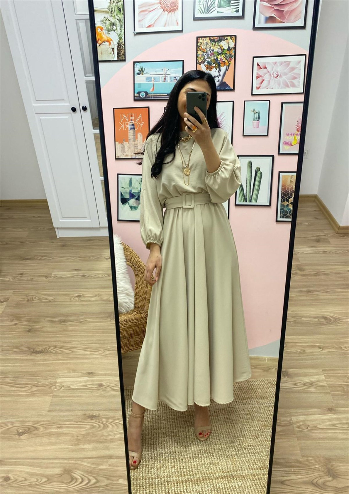 Bej Kloş Maxi Boy Elbise