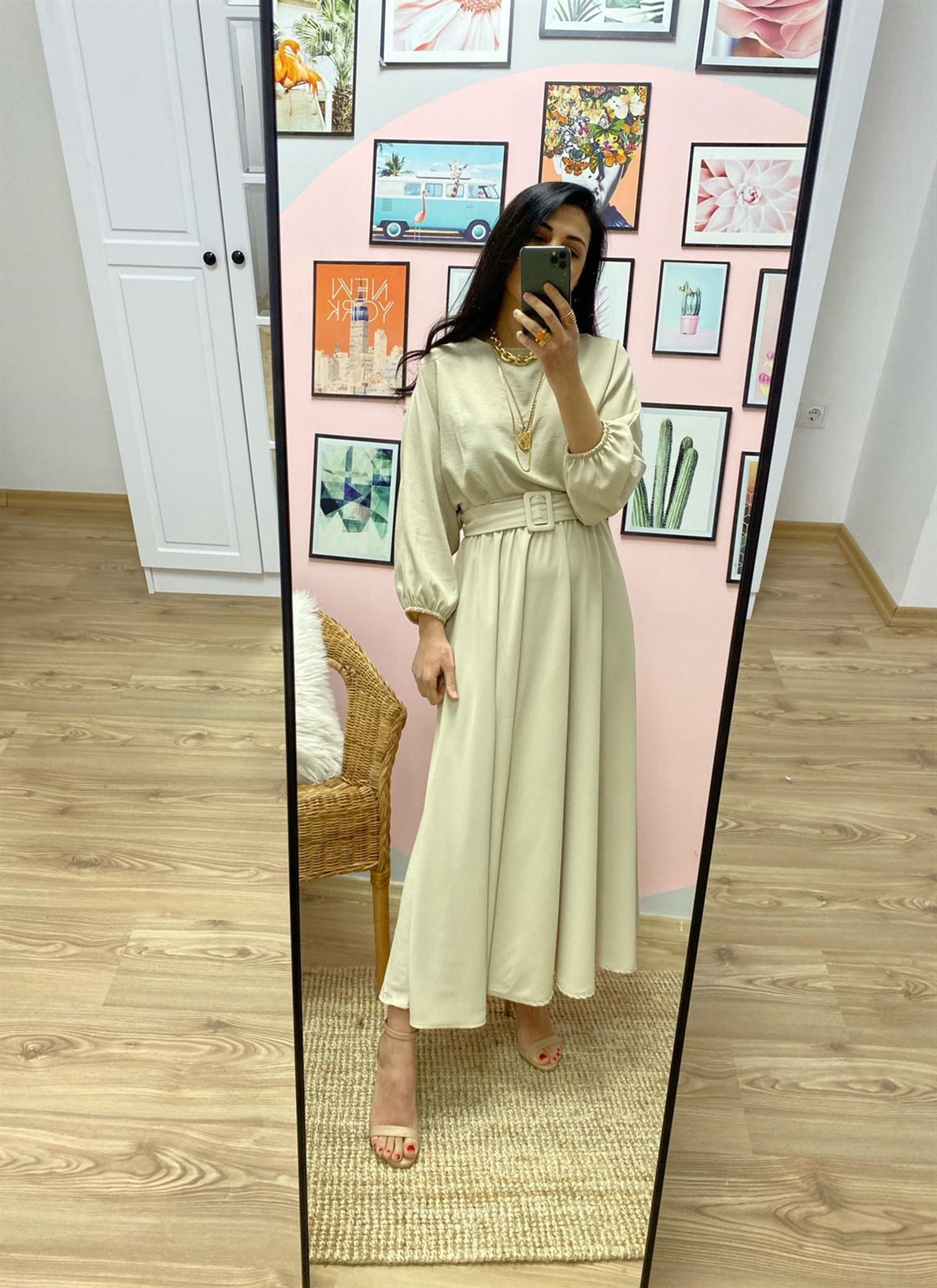 Bej Kloş Maxi Boy Elbise