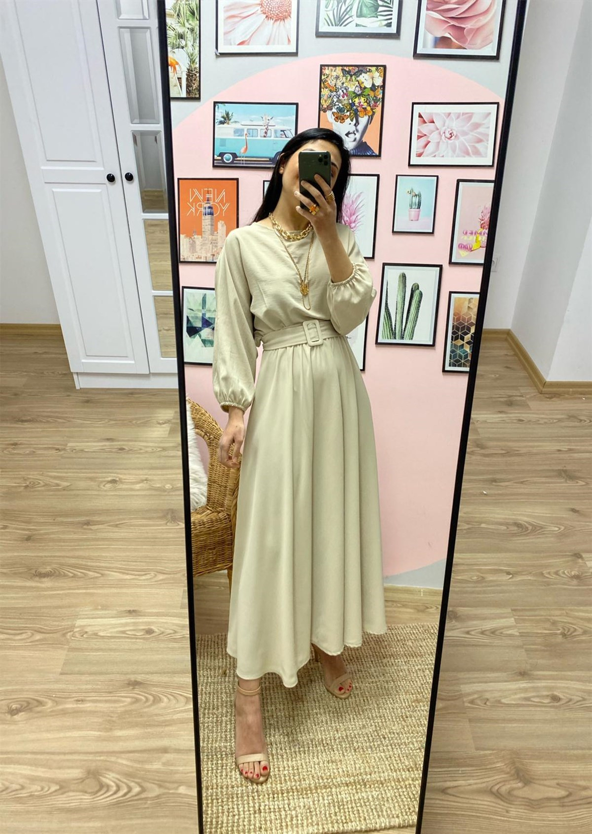 Bej Kloş Maxi Boy Elbise