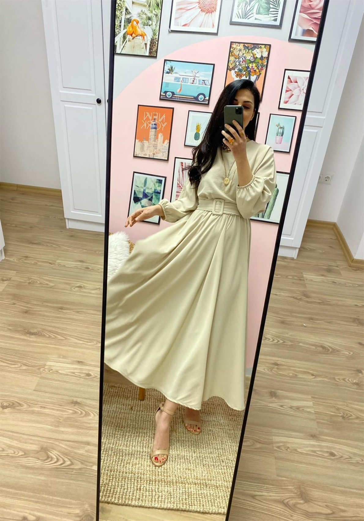 Bej Kloş Maxi Boy Elbise