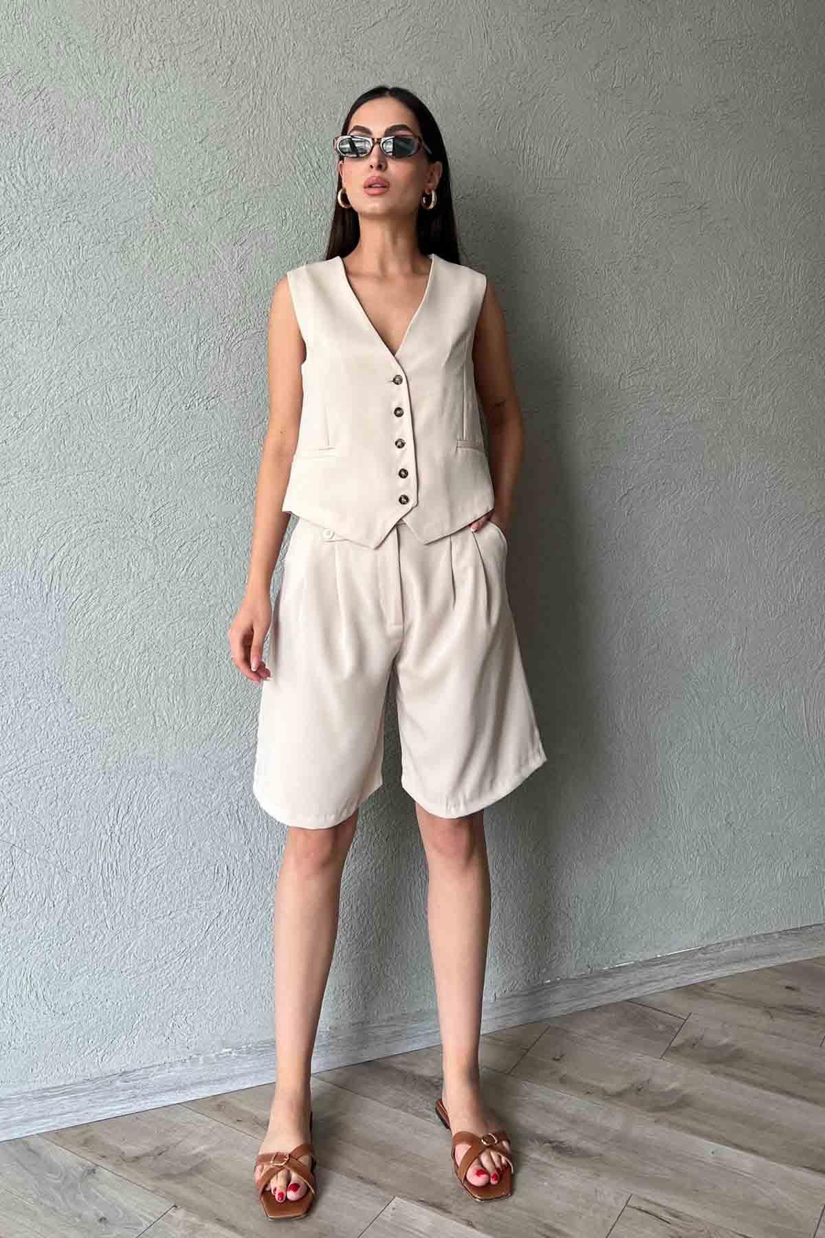 Bej Krep Yelek Bermuda Şort Takım