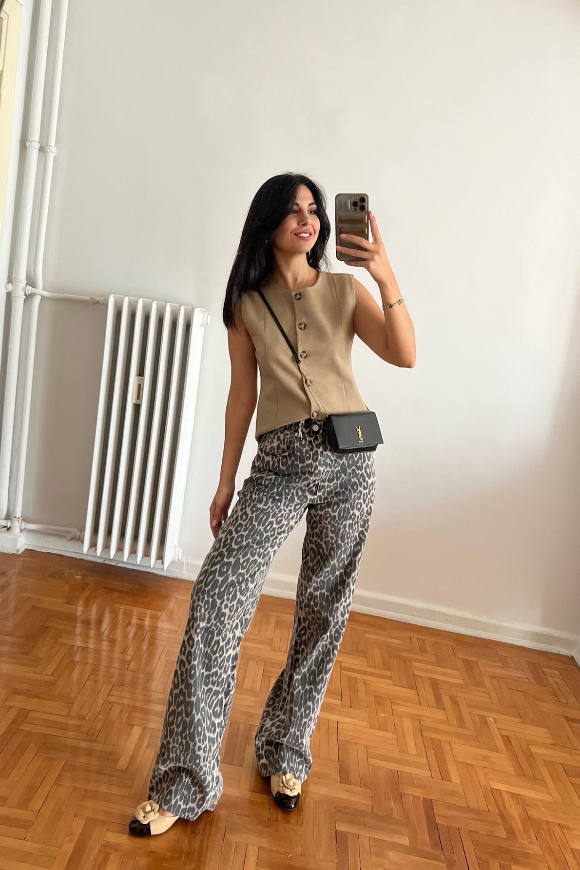 Bej Leopar Desenli Bol Paça Pantolon