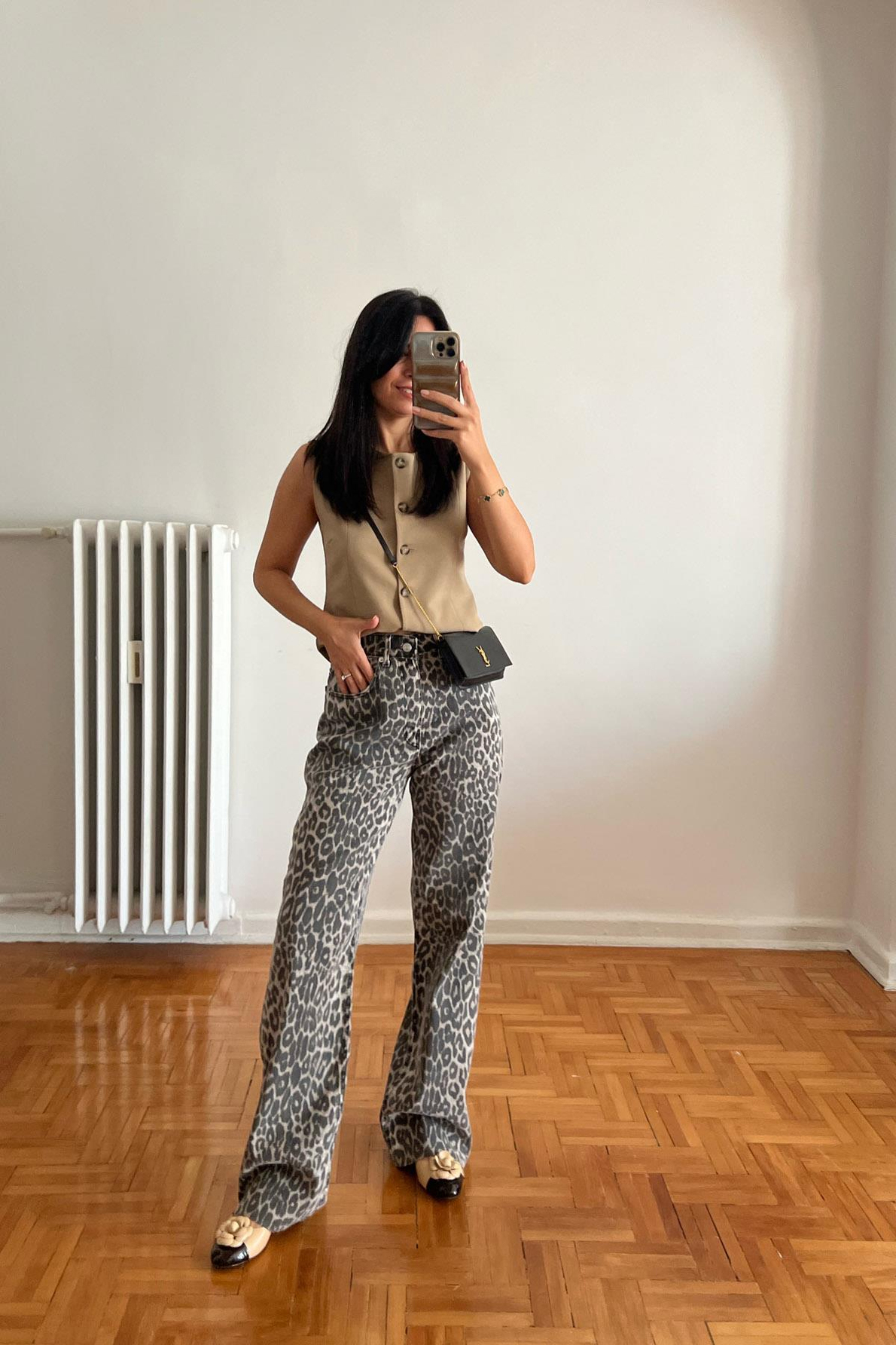 Bej Leopar Desenli Bol Paça Pantolon