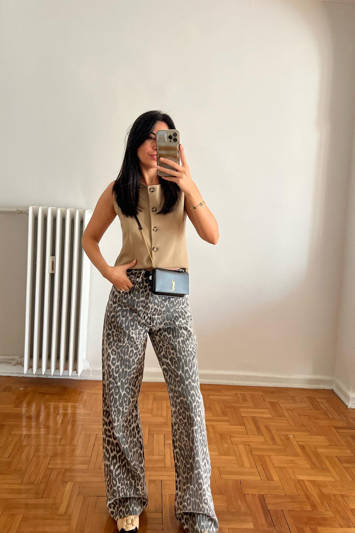 Bej Leopar Desenli Bol Paça Pantolon