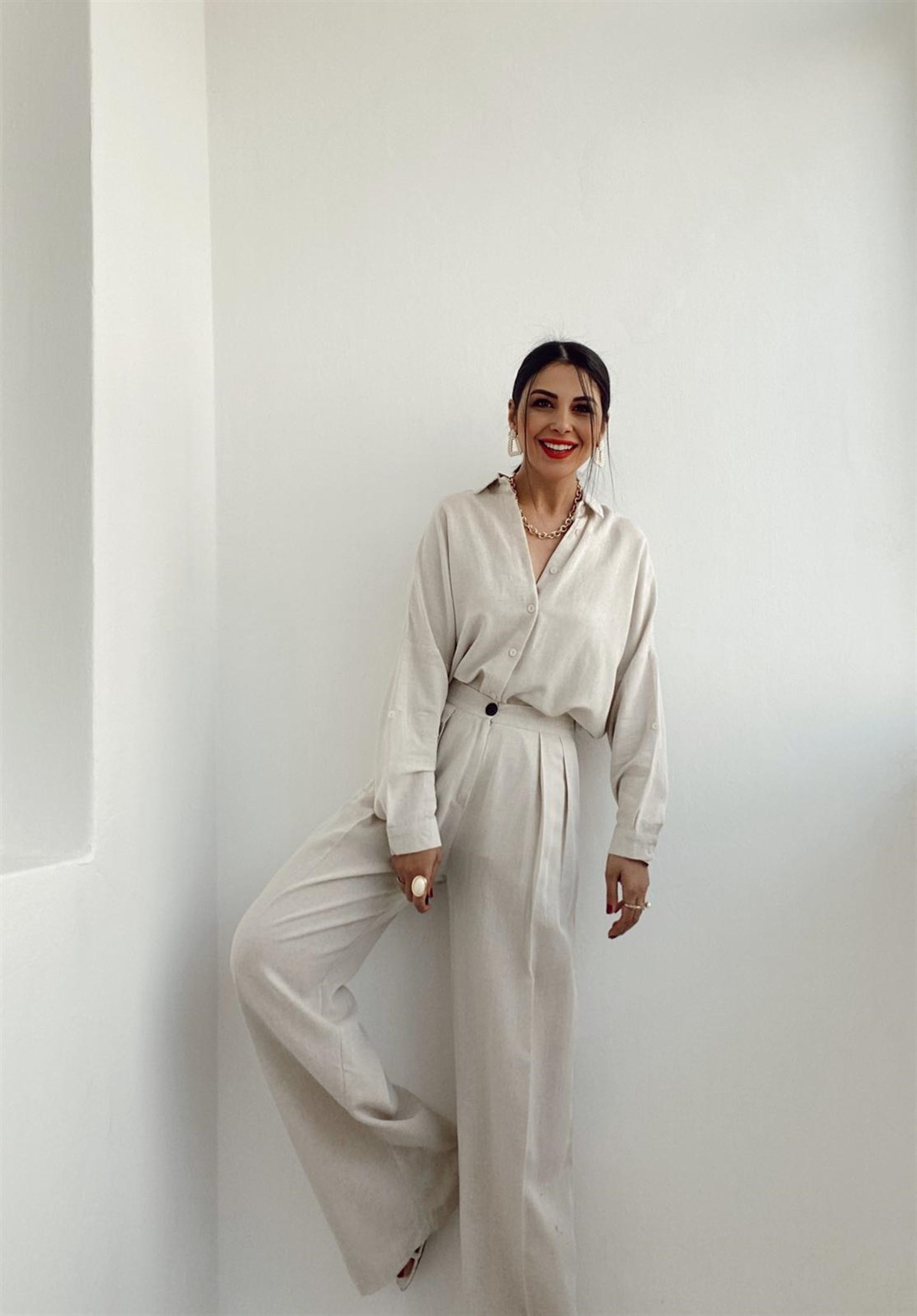Bej Naturel Keten Palazzo Takım