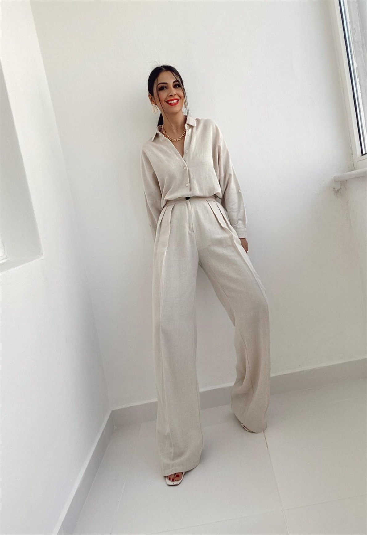 Bej Naturel Keten Palazzo Takım