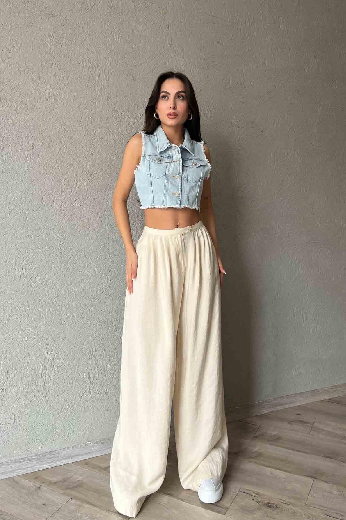 Bej Pile Detaylı Organic Palazzo Pantolon