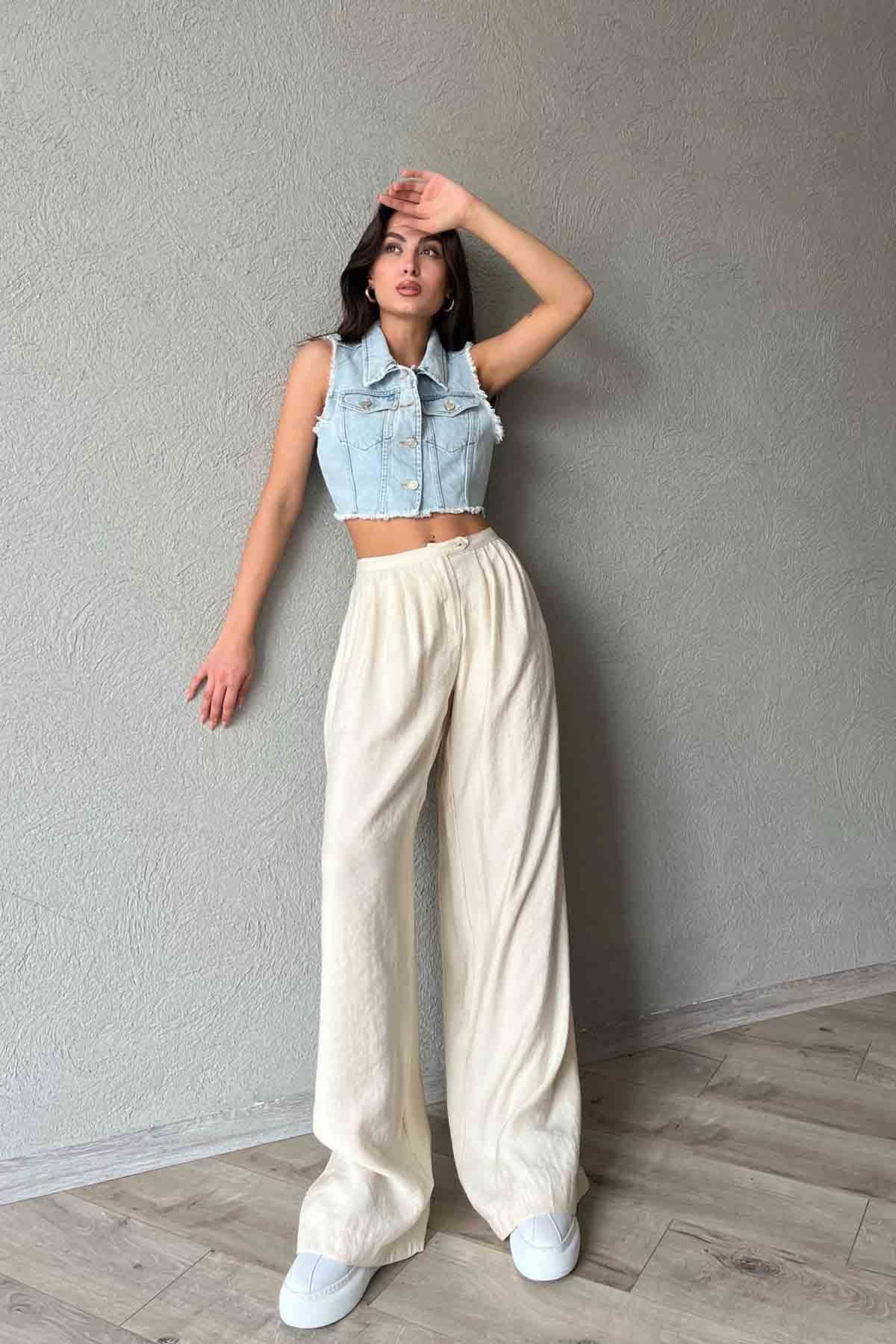 Bej Pile Detaylı Organic Palazzo Pantolon