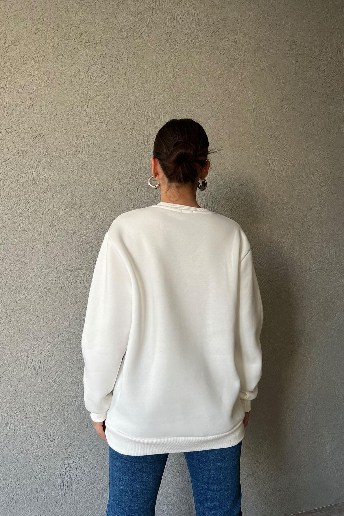 Beyaz Baskı Desenli Oversize Sweatshirt