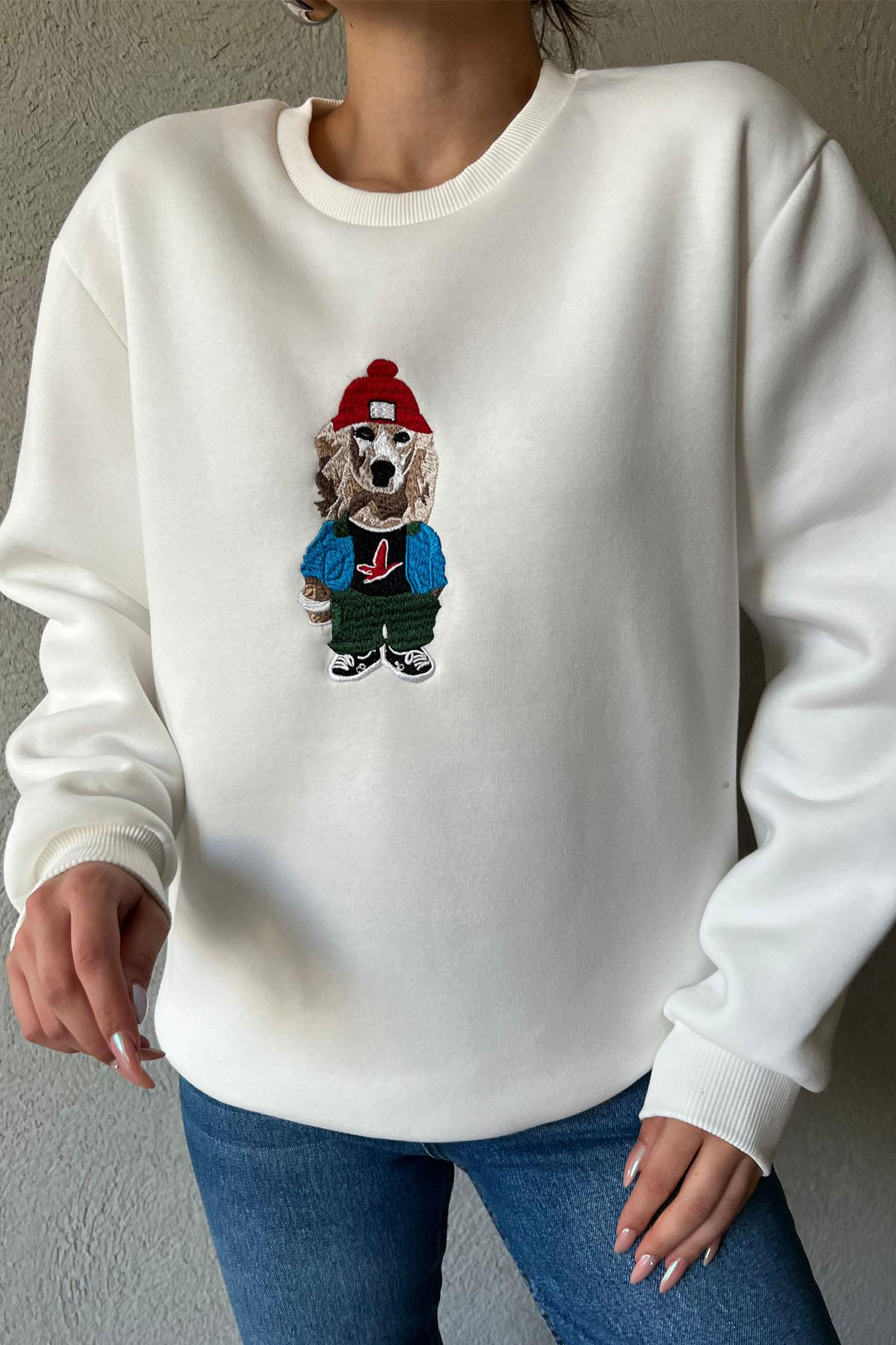 Beyaz Baskı Desenli Oversize Sweatshirt