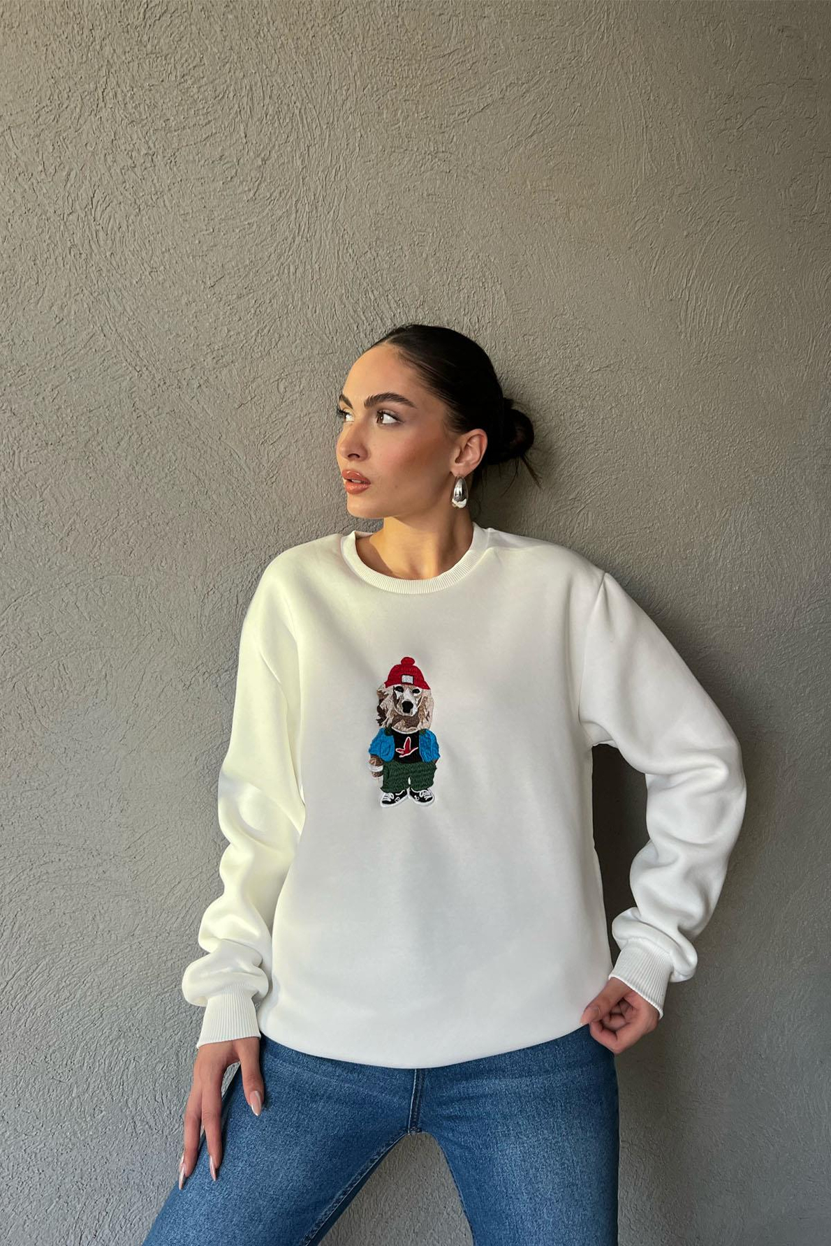 Beyaz Baskı Desenli Oversize Sweatshirt