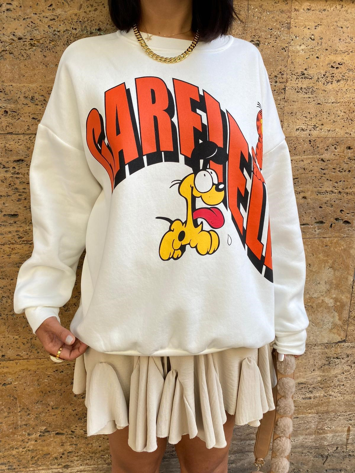 Beyaz Garfield Baskılı Sweatshırt