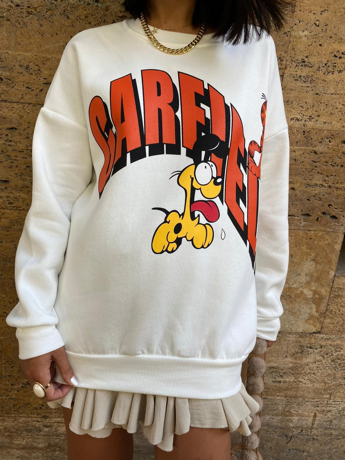 Beyaz Garfield Baskılı Sweatshırt