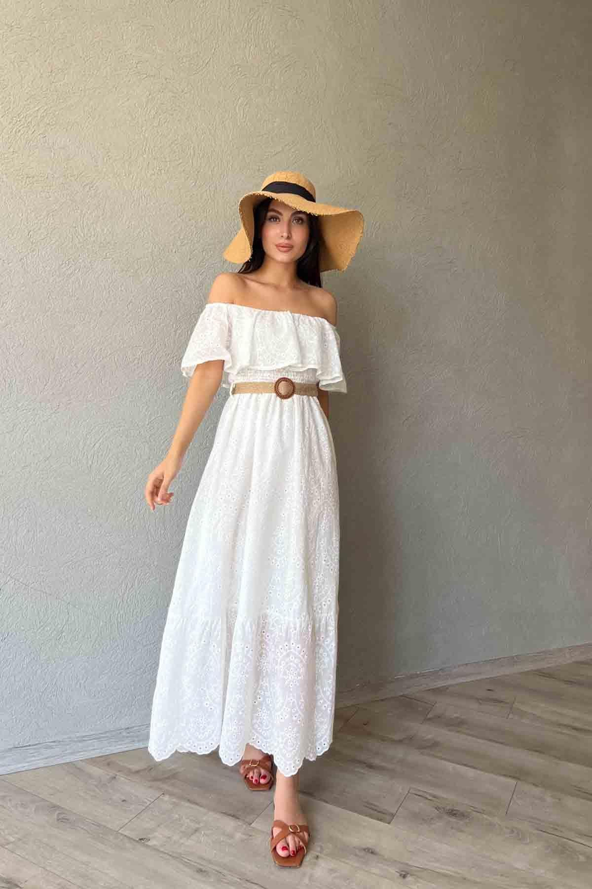 Beyaz Madonna Yaka Kemer Detaylı Fisto Elbise