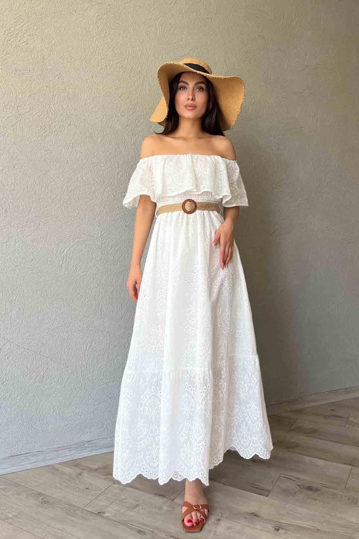 Beyaz Madonna Yaka Kemer Detaylı Fisto Elbise