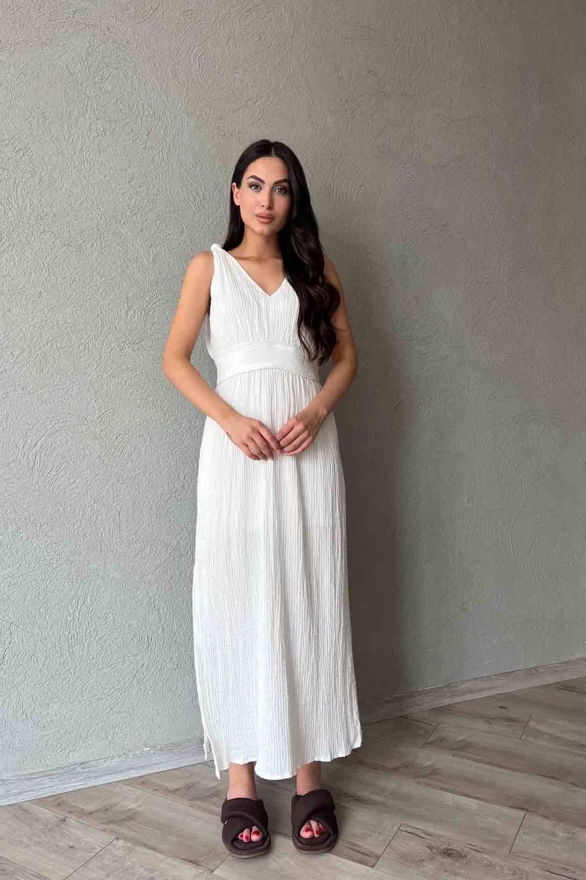 Beyaz Örme Detaylı Müslin Midi Boy Elbise
