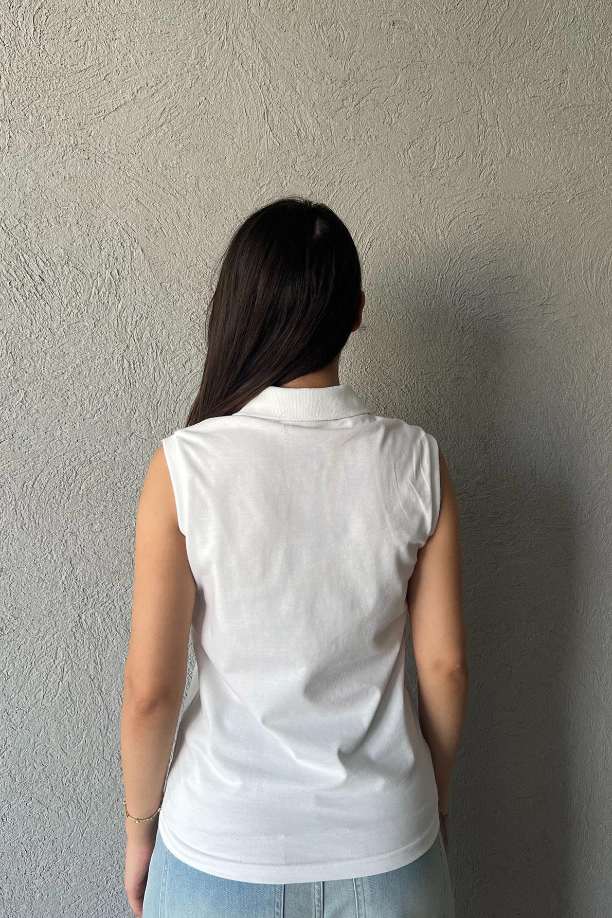 Beyaz Polo Yaka Sıfır Kol Basic Atlet