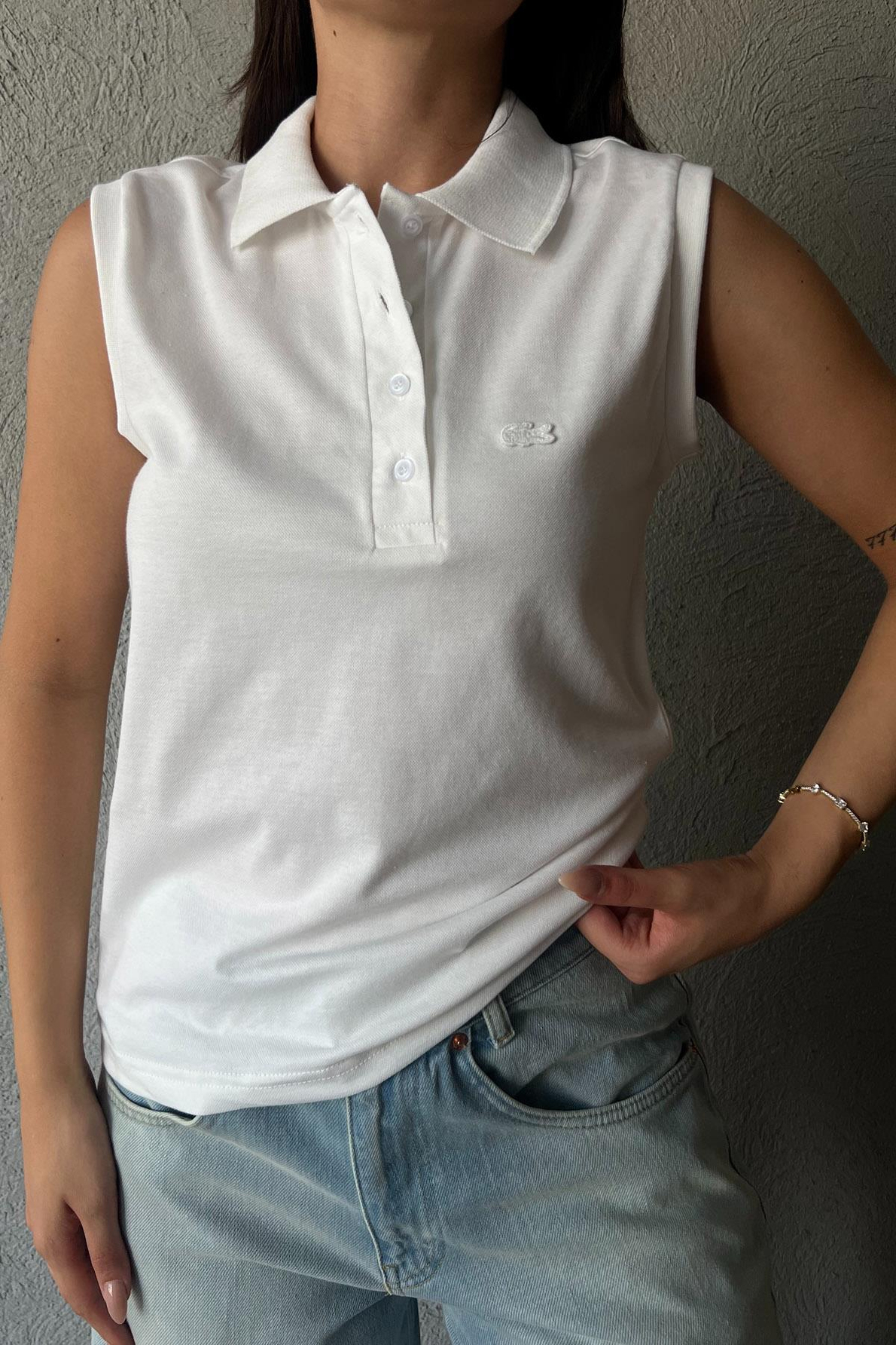 Beyaz Polo Yaka Sıfır Kol Basic Atlet