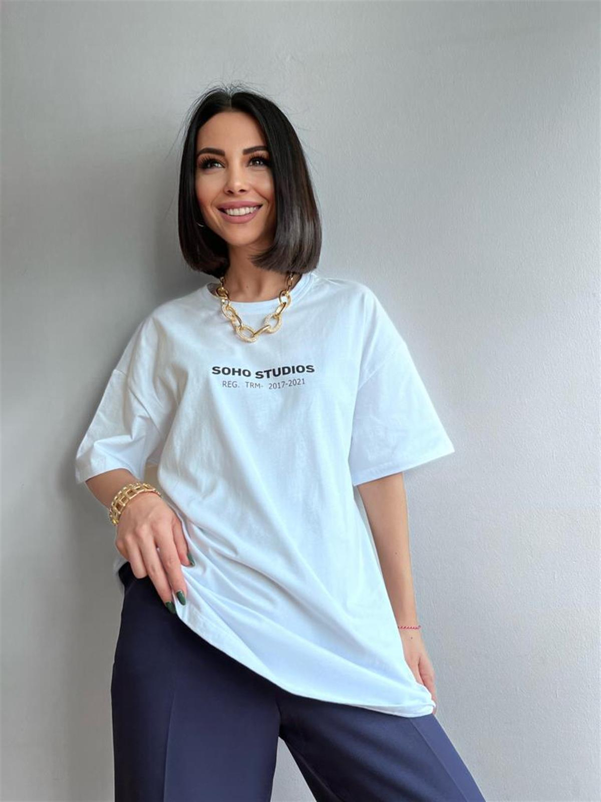 Beyaz Soho Baskılı Kadın T-Shirt