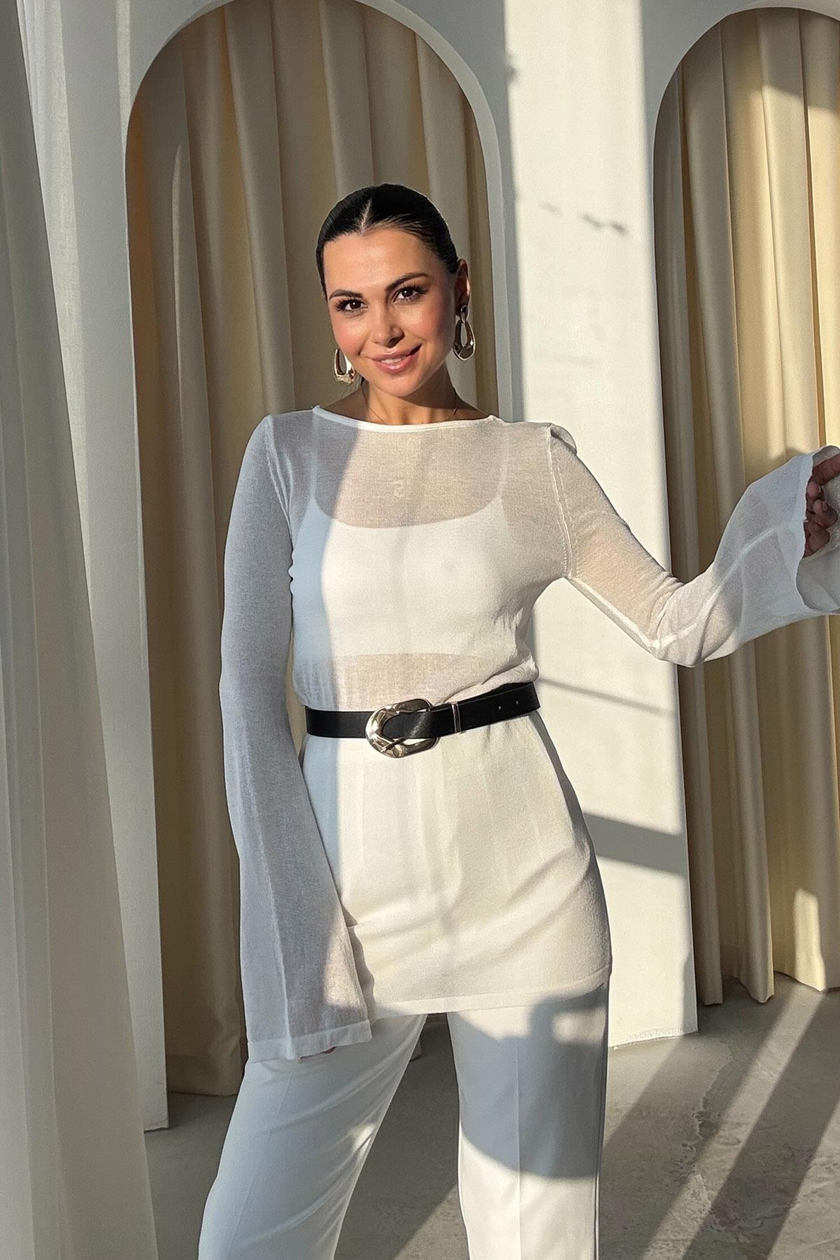 Beyaz Transparan İspanyol kol Tunik Body