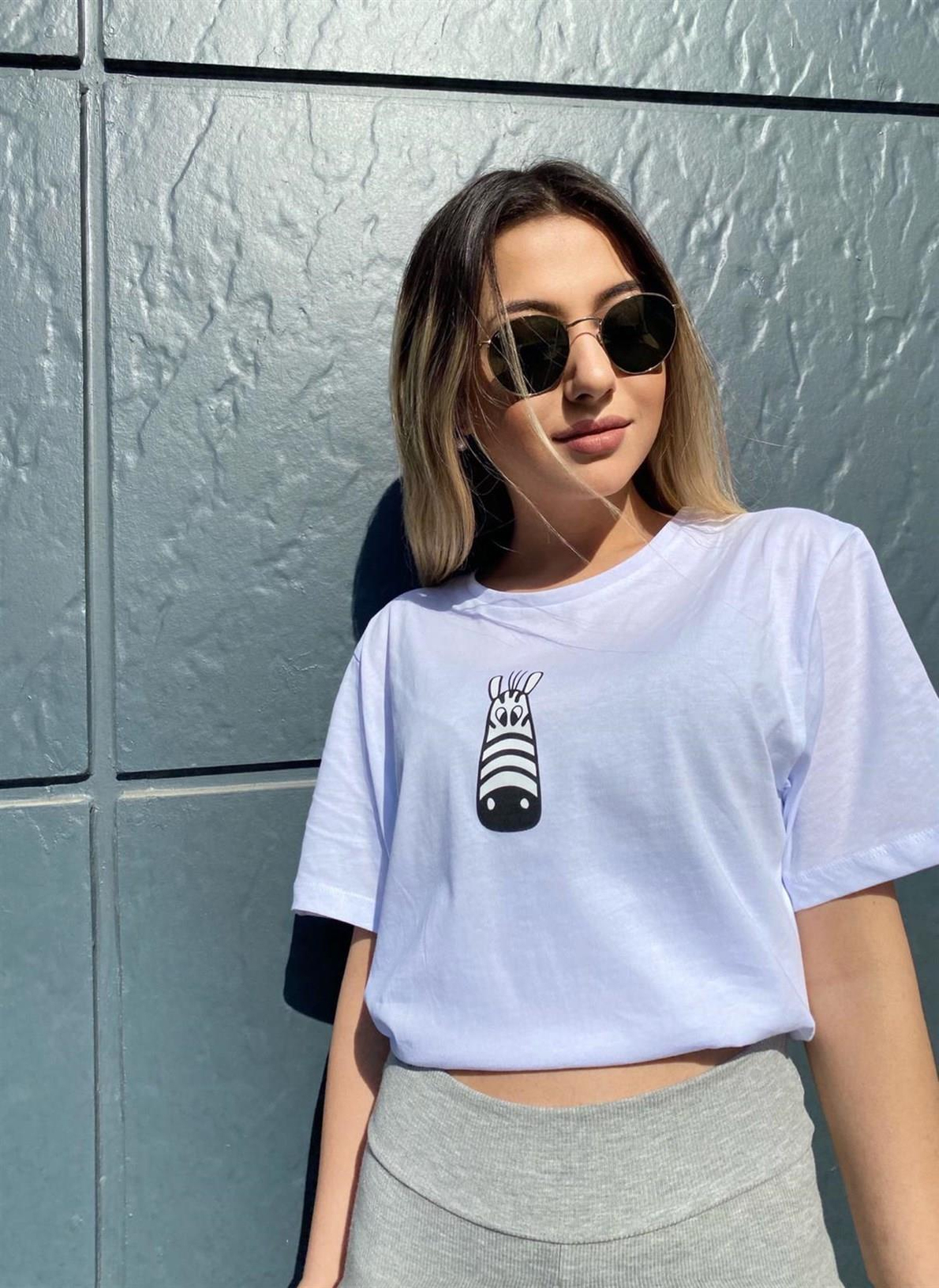 Beyaz Zebra Baskılı Kısa Kol T-shirt