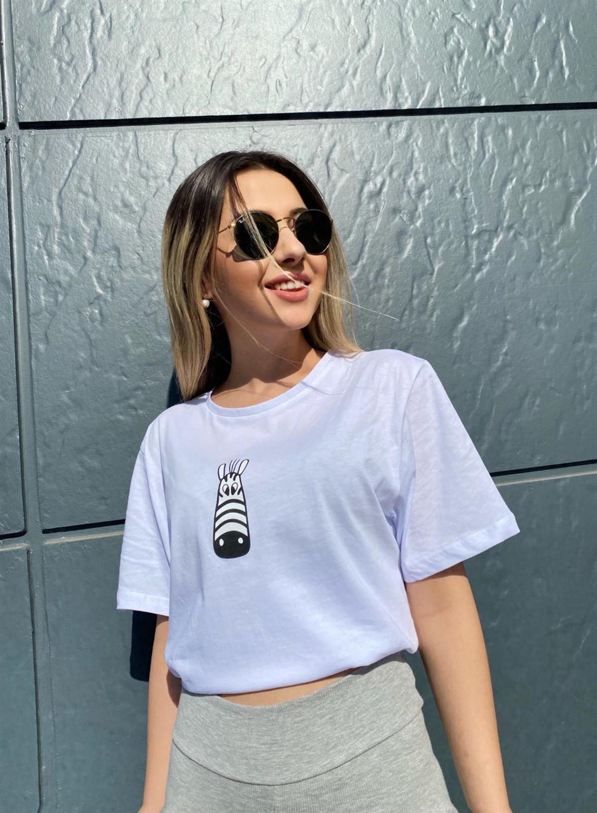 Beyaz Zebra Baskılı Kısa Kol T-shirt