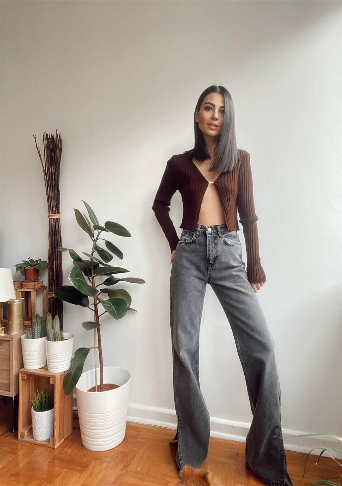 Bir Düğmeli Fitilli Crop Hırka