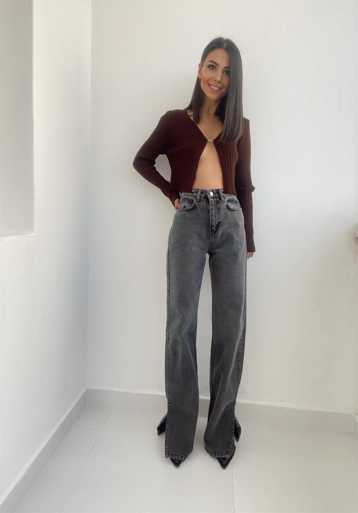 Bir Düğmeli Fitilli Crop Hırka
