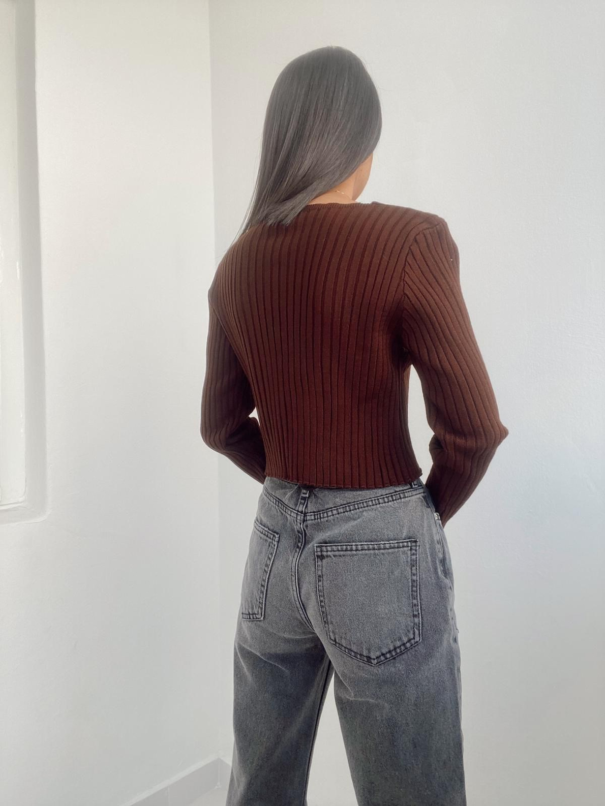 Bir Düğmeli Fitilli Crop Hırka
