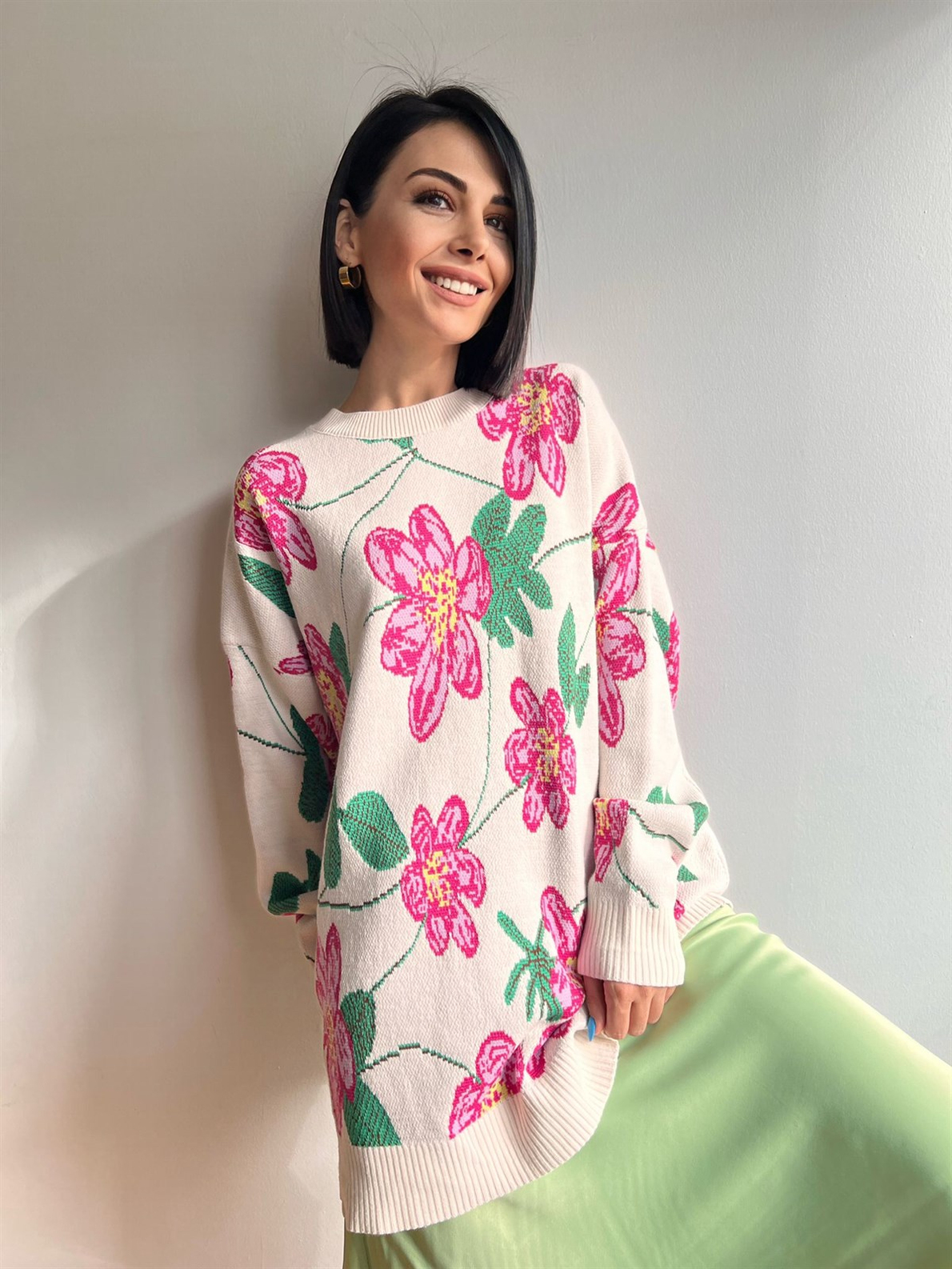 Bisiklet Yaka Oversize Uzun Kol Çiçek Desenli Kazak