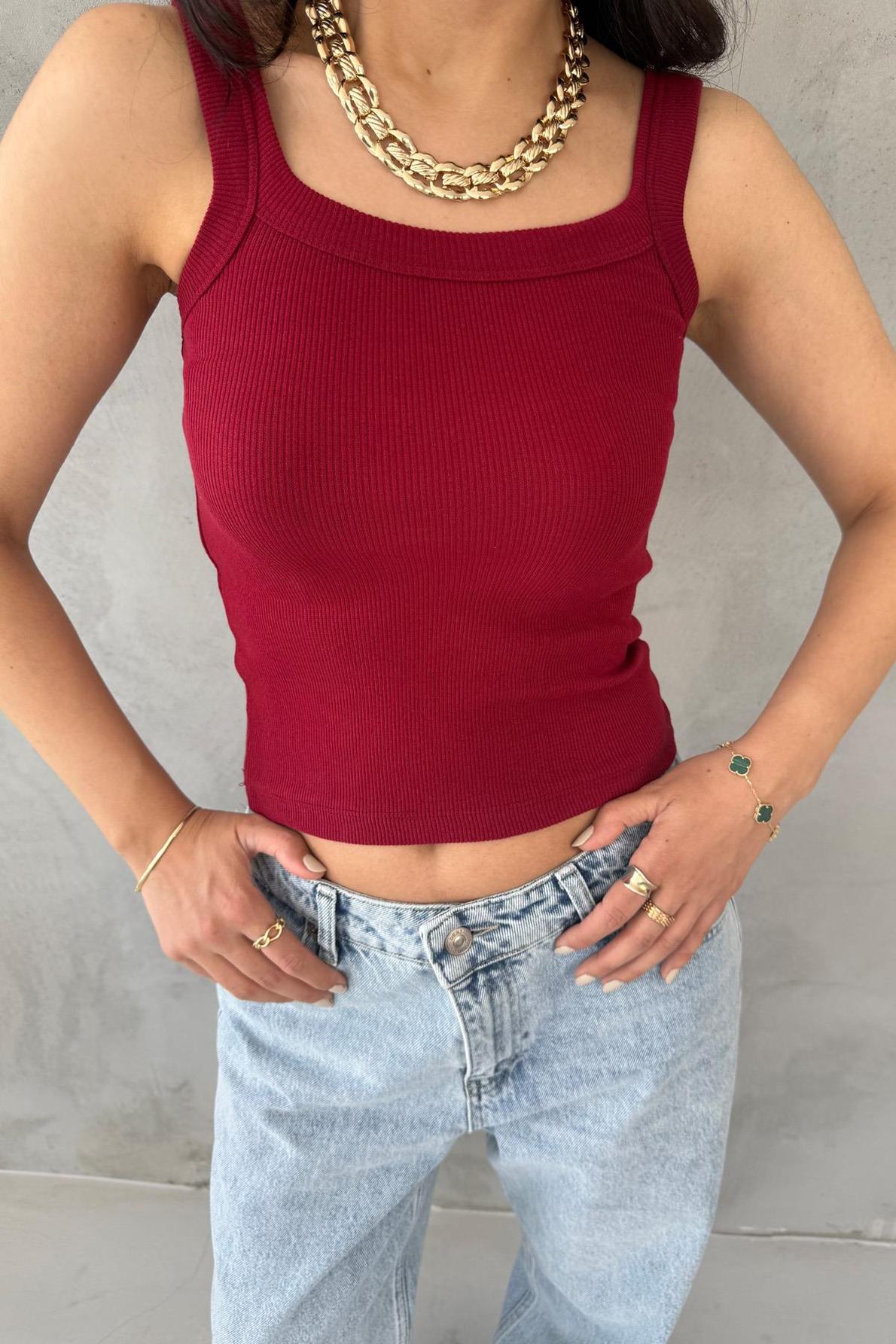 Bordo Slim Fit Dar Kesim U Yaka Fitilli Atlet