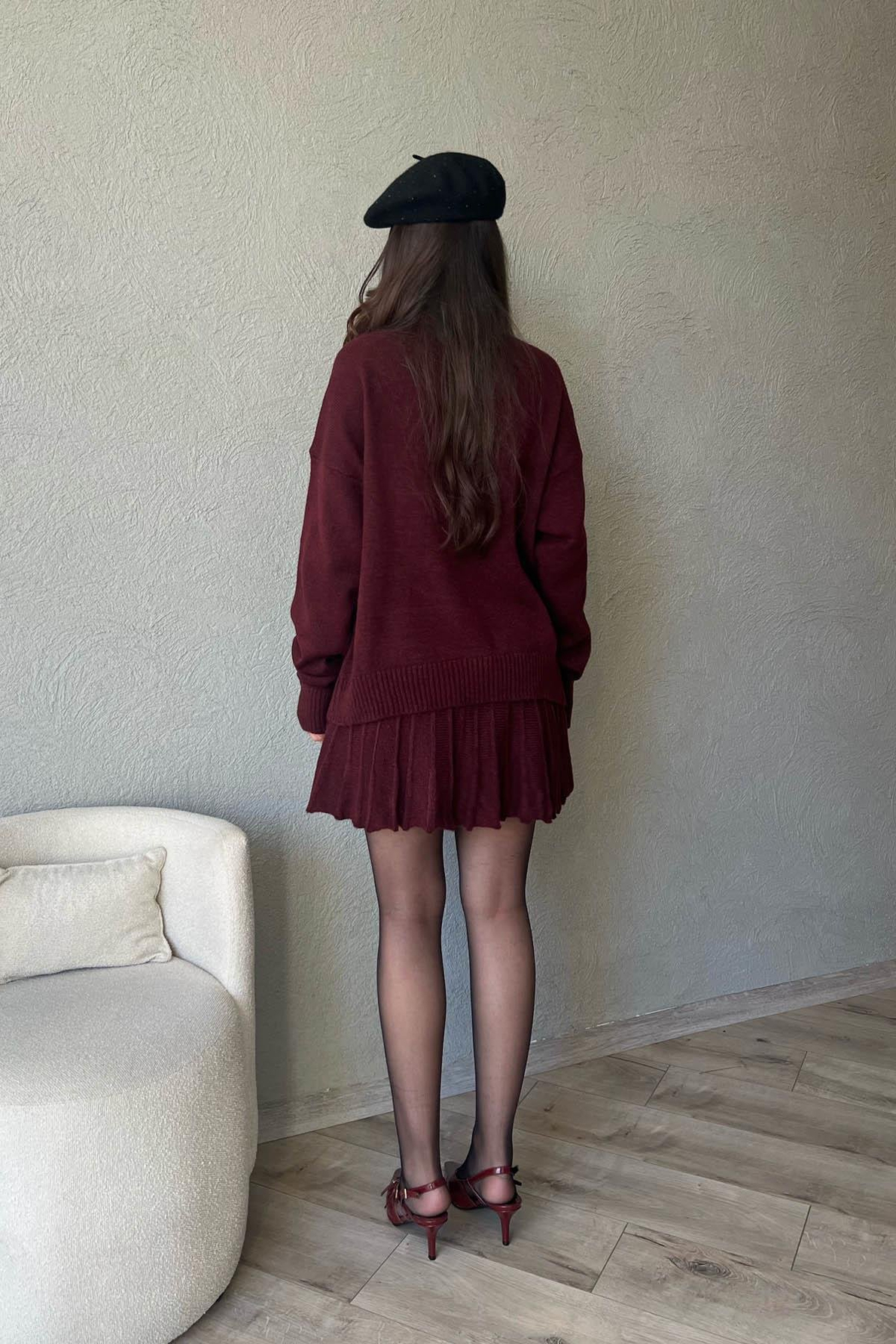 Bordo Triko Balıkçı Yaka Kazak ve Etek Takım